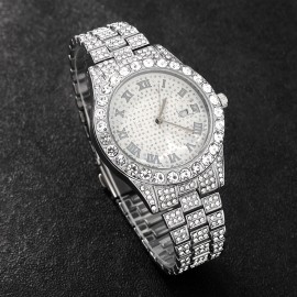 3pcs/set, Men's Fashion Rhinestone Calendar Quartz Watch And Rhinestone Chain, Gift For Him