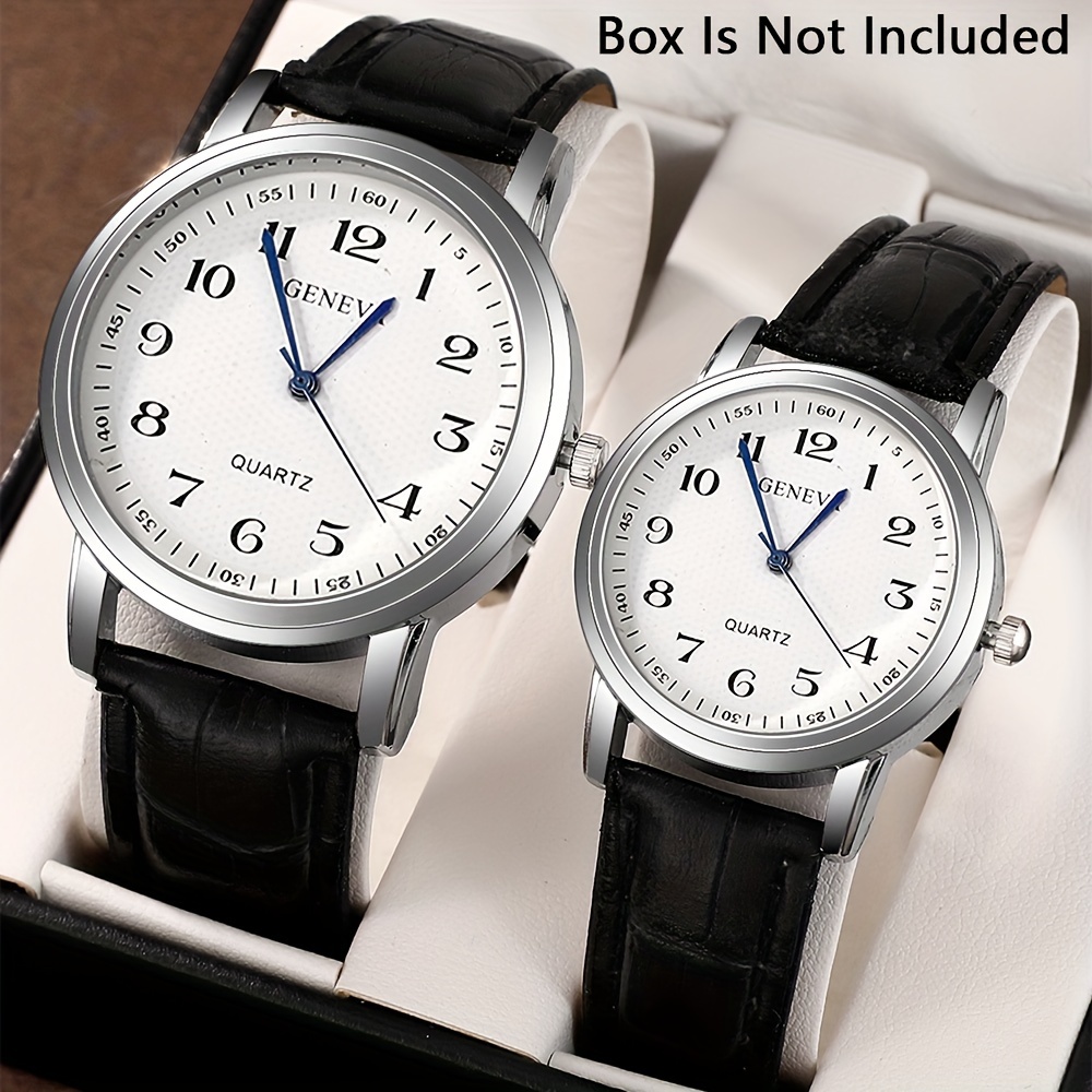 Elegant Couples' Quartz Watch Set - 2pcs, Fashionable Digital & Analog Display With Black Pu Leather Straps, Perfect Gift For Her