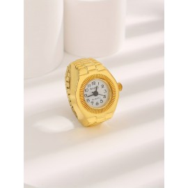 Fashion Quartz Ring Watch In Golden Design - Casual Style, Zinc Alloy Case, Round Dial, Analog Display, Electronic Movement, Alloy Band