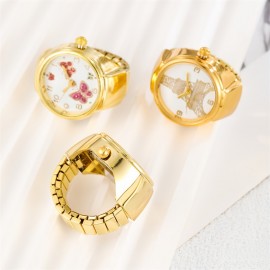 Chic 3pcs Women's Ring Watch Set - Vintage-Inspired Alloy Quartz Watches With Floral & Bowknot Designs, Non-Rechargeable