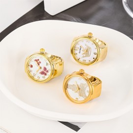 Chic 3pcs Women's Ring Watch Set - Vintage-Inspired Alloy Quartz Watches With Floral & Bowknot Designs, Non-Rechargeable