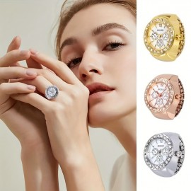 Fashion Three Circle Dial Adjustable Strap Inlaid Rhinestone Ring Quartz Watch, Solid Color Alloy Watch, Party School Supplies