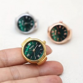 Women Men Finger Watches Golden Silvery Plated Watch Rings, Vintage Mini Quartz Green Dial Ring Watches For Men Women