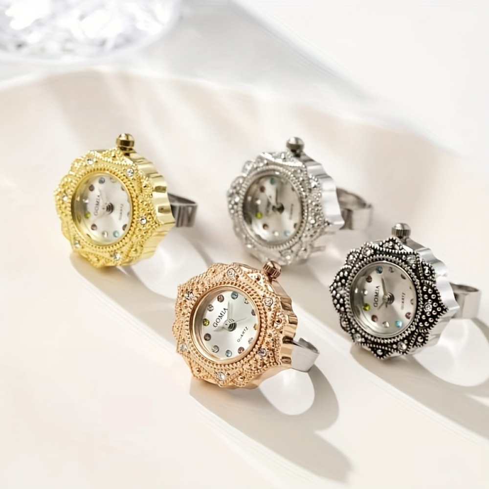 Waterproof Ring Watch, Women's Rivet Colored Rhinestone Fashionable Finger Watch Mini Bracelet Watches Gifts For Eid