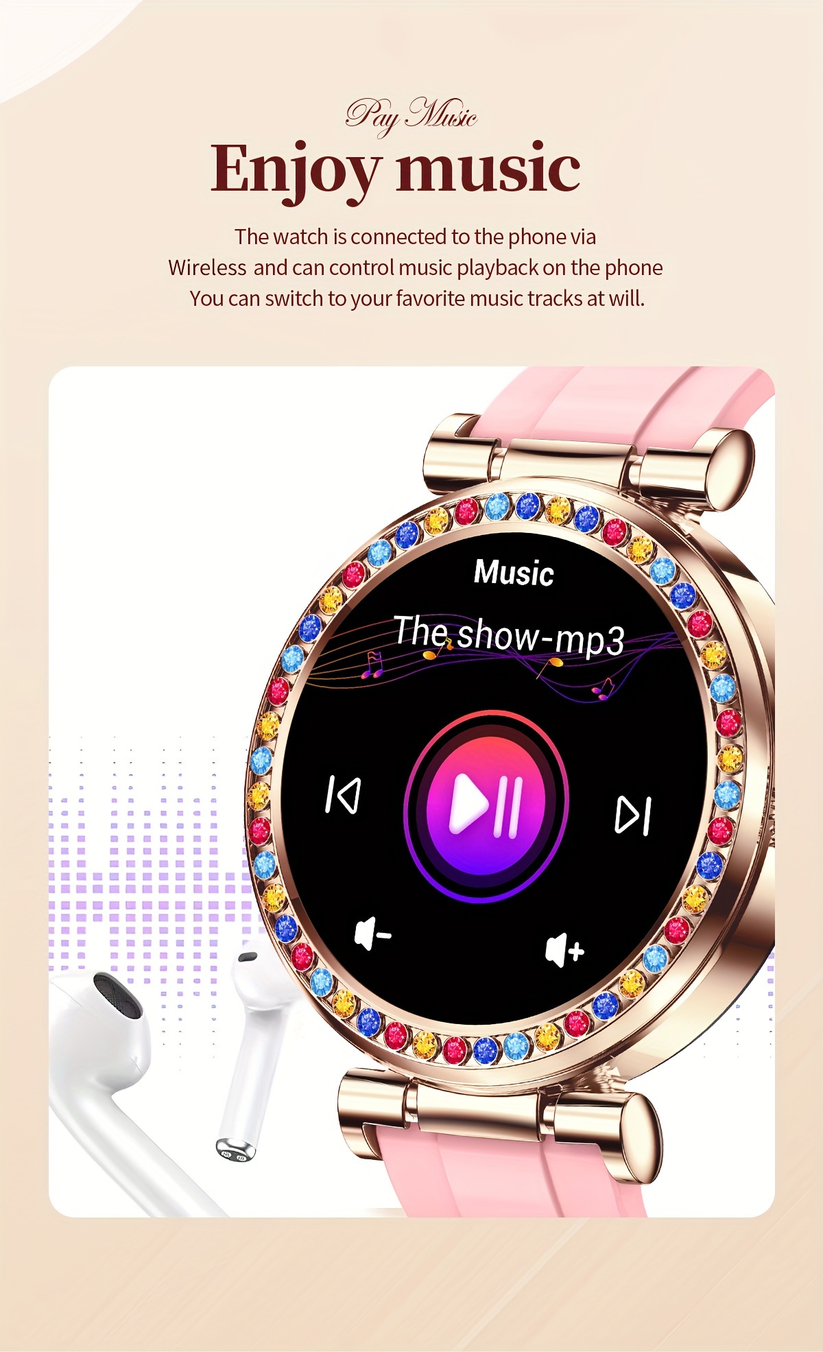 smart watch for women with rhinestones 1 27 hd display wireless calling voice assistant 100 sports modes sedentary reminder compatible with android and ios versatile wearable tech gift details 2