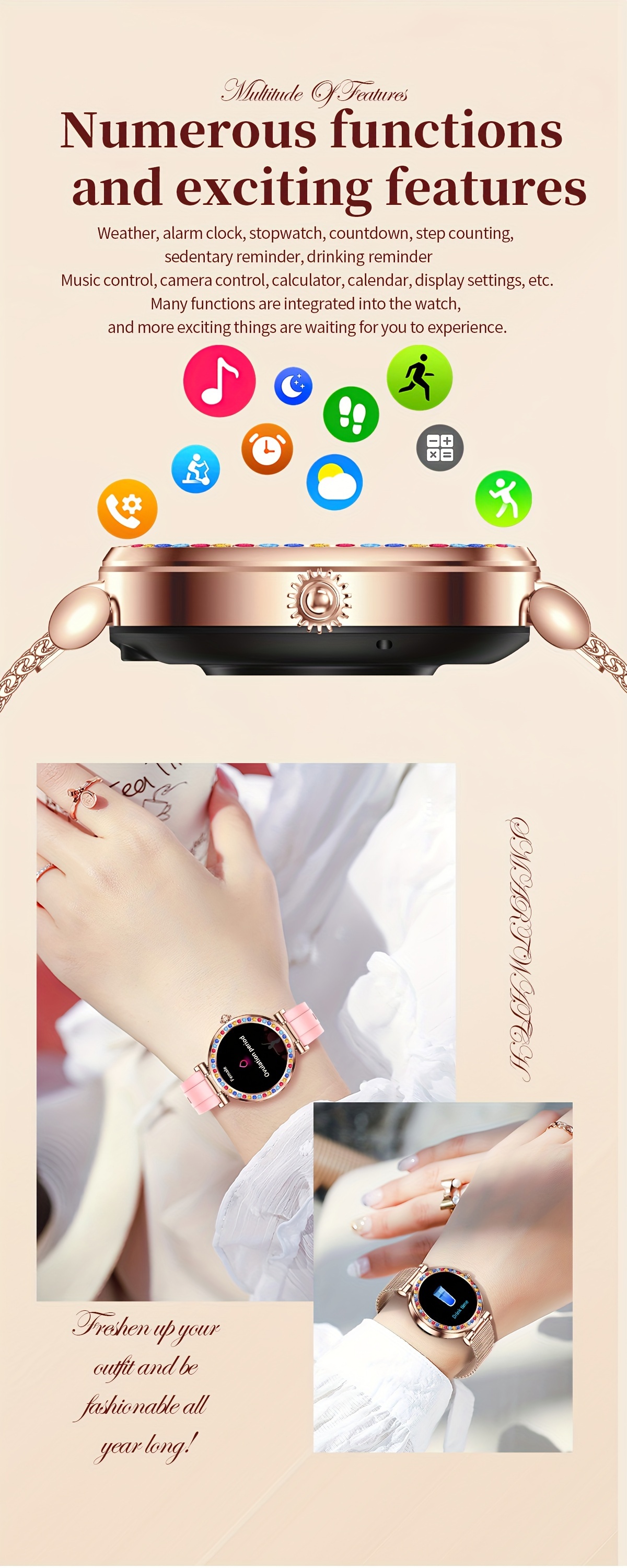 smart watch for women with rhinestones 1 27 hd display wireless calling voice assistant 100 sports modes sedentary reminder compatible with android and ios versatile wearable tech gift details 5