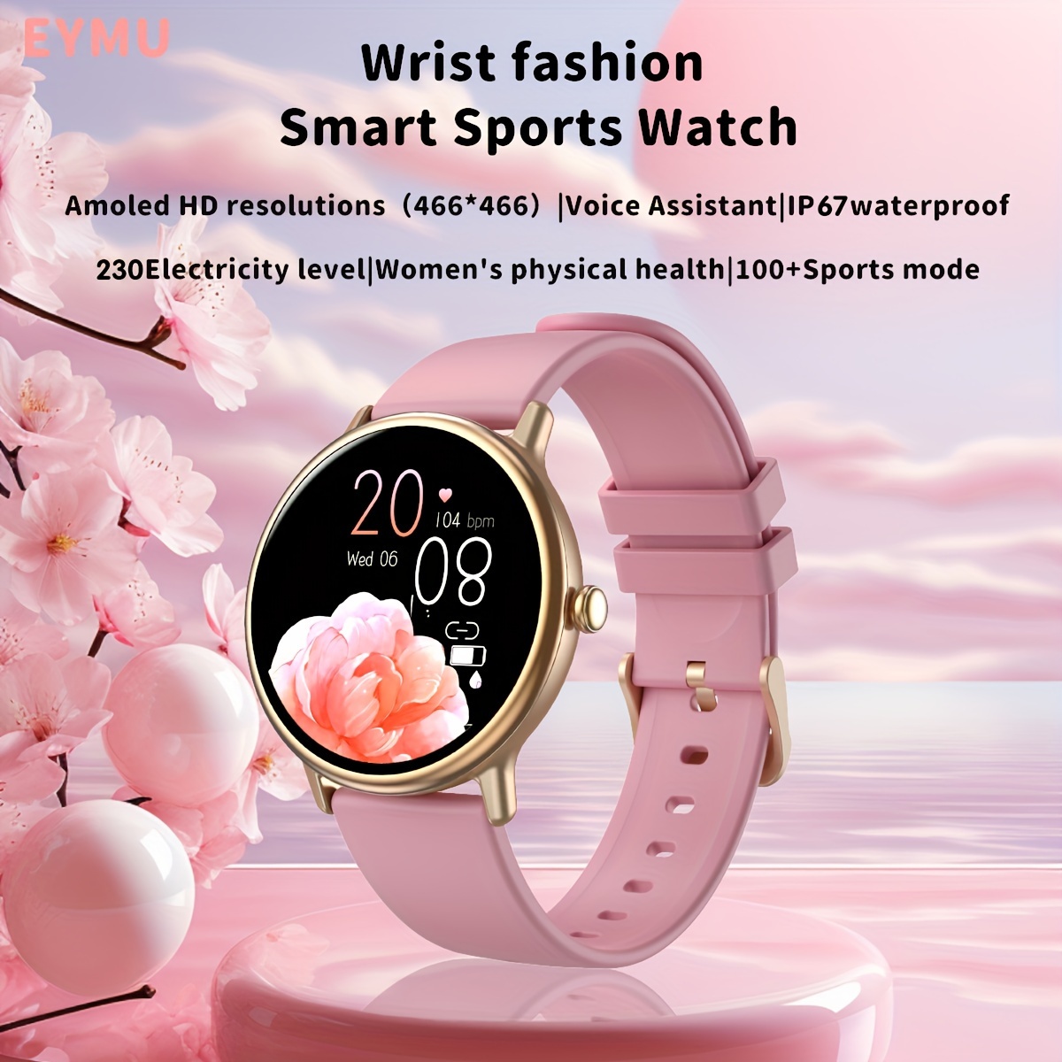 eymu waterproof smart watch with 1 43 hd amoled full color large screen one touch   voice assistant notifications wireless calling music control remote camera 100 sports modes ideal gift for her details 0