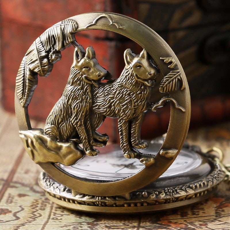 classic vintage pocket watch bronze dog wolf hollow quartz   watch with necklace chain cool pendant clock gift for women men details 1