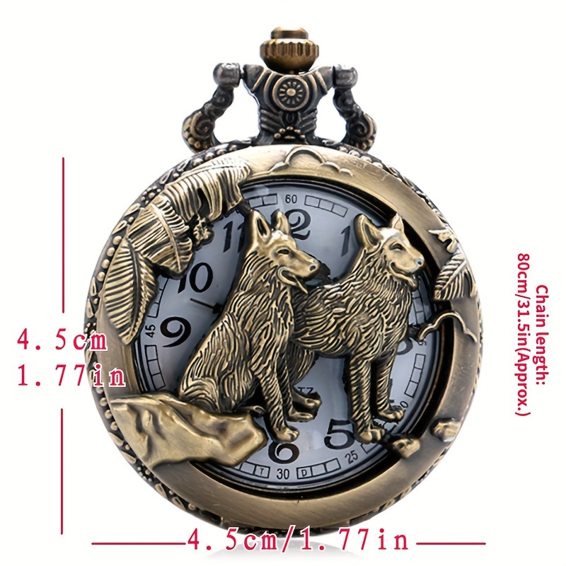 classic vintage pocket watch bronze dog wolf hollow quartz   watch with necklace chain cool pendant clock gift for women men details 4