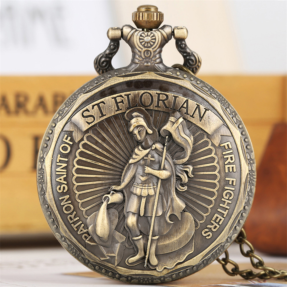 classic firefighters pocket watch embossed bronze quartz pocket watch souvenir pendant clock gifts with fob chain antique timepiece details 2