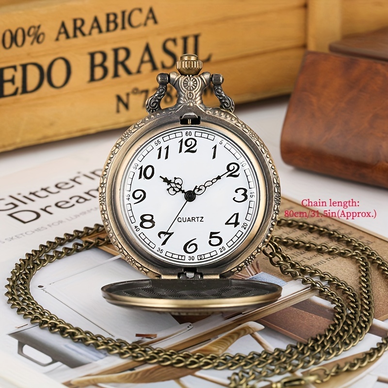 classic firefighters pocket watch embossed bronze quartz pocket watch souvenir pendant clock gifts with fob chain antique timepiece details 3