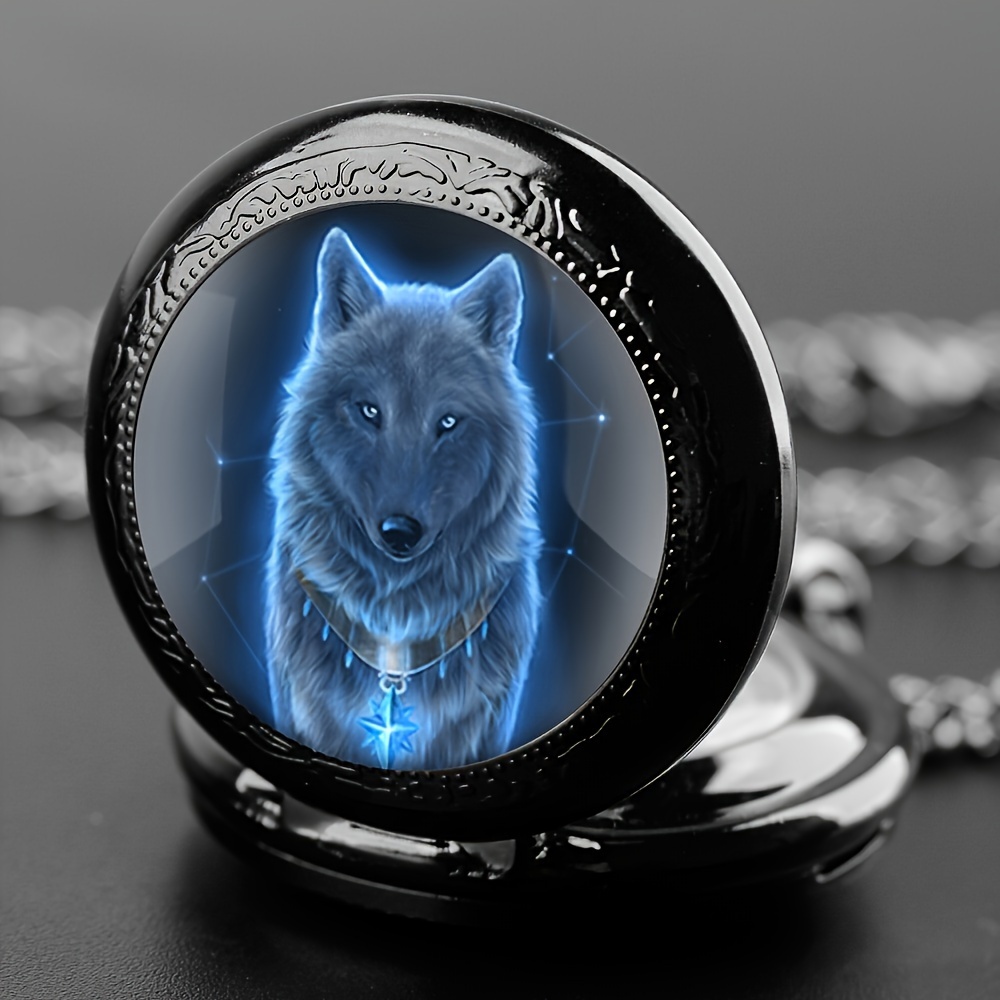 wolf pattern round quartz pocket watch fashionable quartz pocket watch for women men with chain unique birthday gift details 1