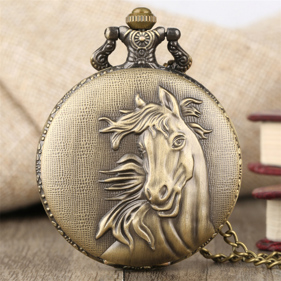 vintage bronze pocket watch quartz horse hunter pendant watch with fob necklace chain best gift for women details 1