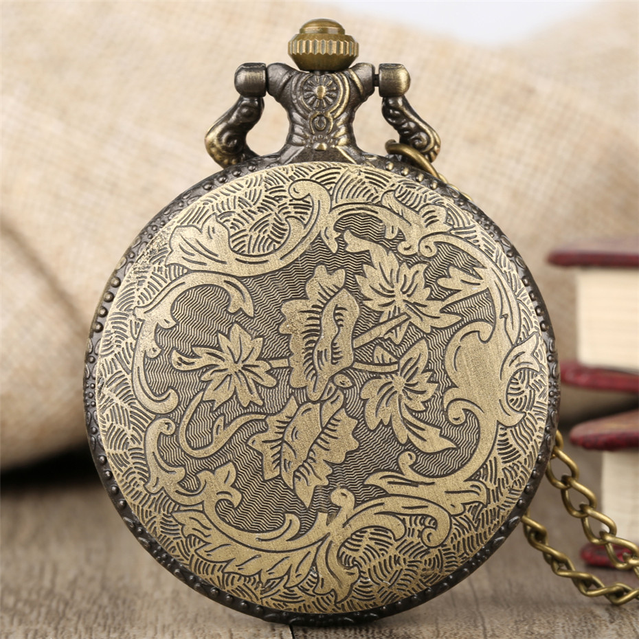 vintage bronze pocket watch quartz horse hunter pendant watch with fob necklace chain best gift for women details 2