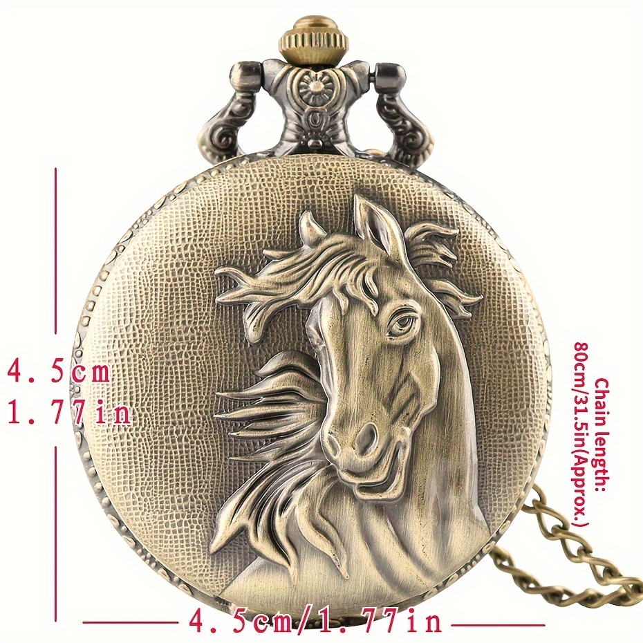 vintage bronze pocket watch quartz horse hunter pendant watch with fob necklace chain best gift for women details 3