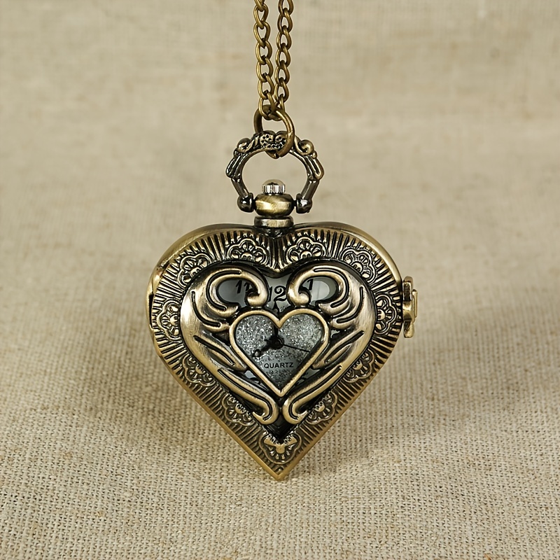 vintage silvery heart locket shaped hollow pendant pocket watch for women lovers mothers day valentines day details 3