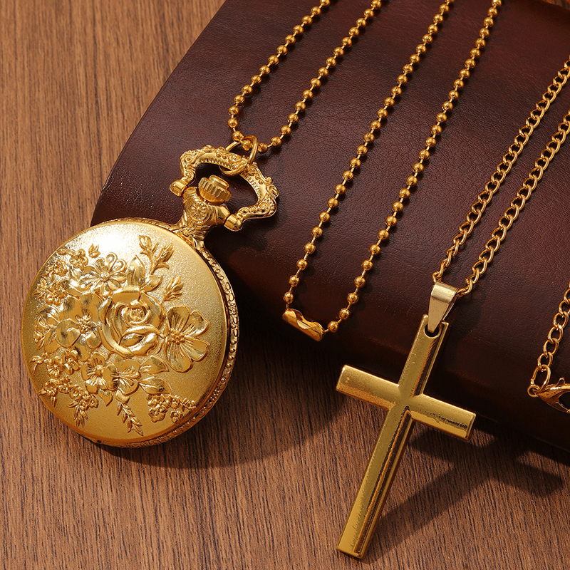 2pcs set womens pocket watches 1pc fashion womens rose pattern design quartz pocket watch 1pc womens classic golden cross necklace pendant valentines gift the ideal gift for her details 3