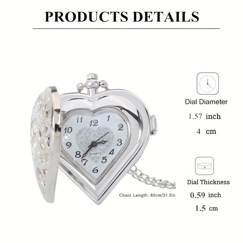 vintage heart shaped quartz pocket watch hollow out fashion necklace chain watch valentines gift for women her details 0