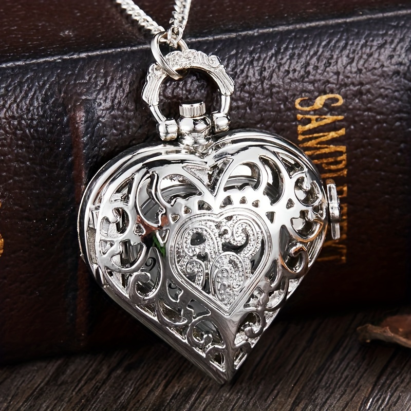 vintage heart shaped quartz pocket watch hollow out fashion necklace chain watch valentines gift for women her details 3