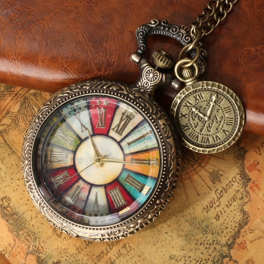 vintage stained glasses charm quartz pocket watch rome fashion analog necklace stainless steel watch souvenir gift details 4