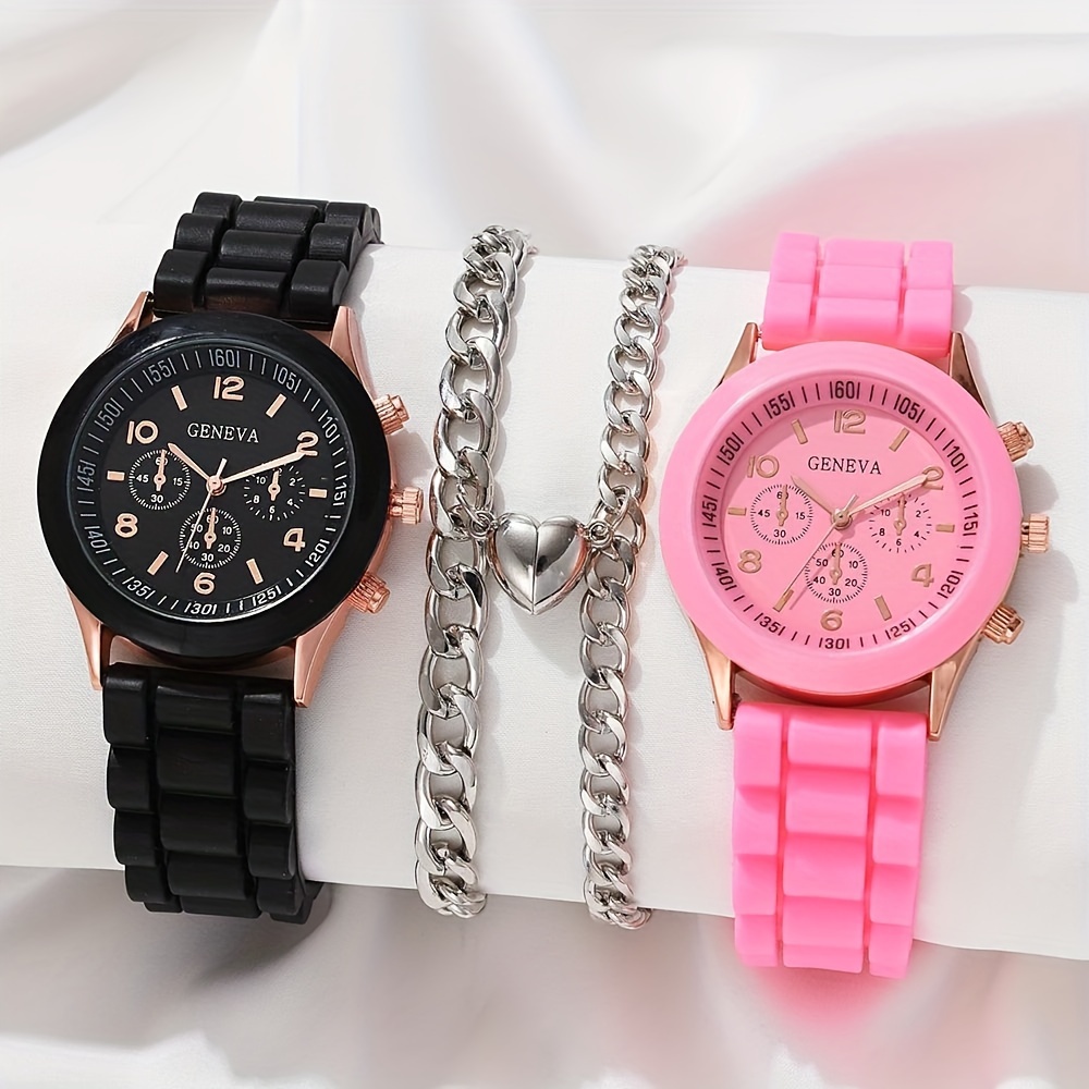 4pcs set round quartz watch rubber strap zinc alloy pointer zinc alloy case and heart shaped magnetic bracelet gift for women suitable for daily wear or vacation suitable for wearing all year round details 1