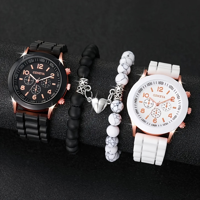 4 pcs round quartz watch silicone strap alloy pointer alloy case and beaded bracelet romantic valentines day gift for him and her details 1