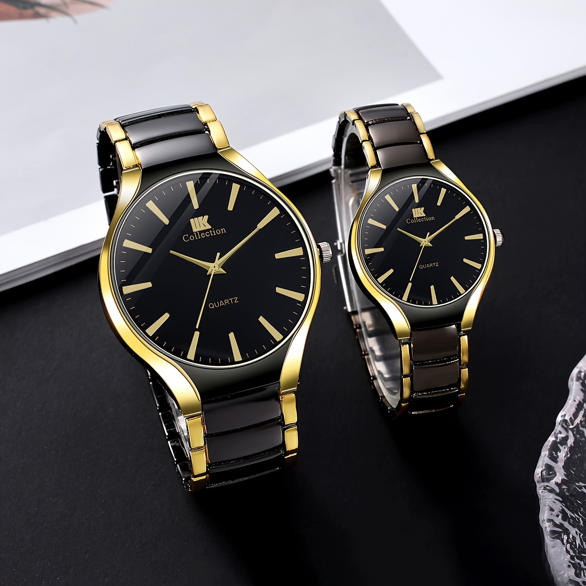 2 pcs round quartz watch zinc alloy strap zinc alloy pointer zinc alloy case black and golden color elegant couples gift for valentines day perfect present for loved one details 1