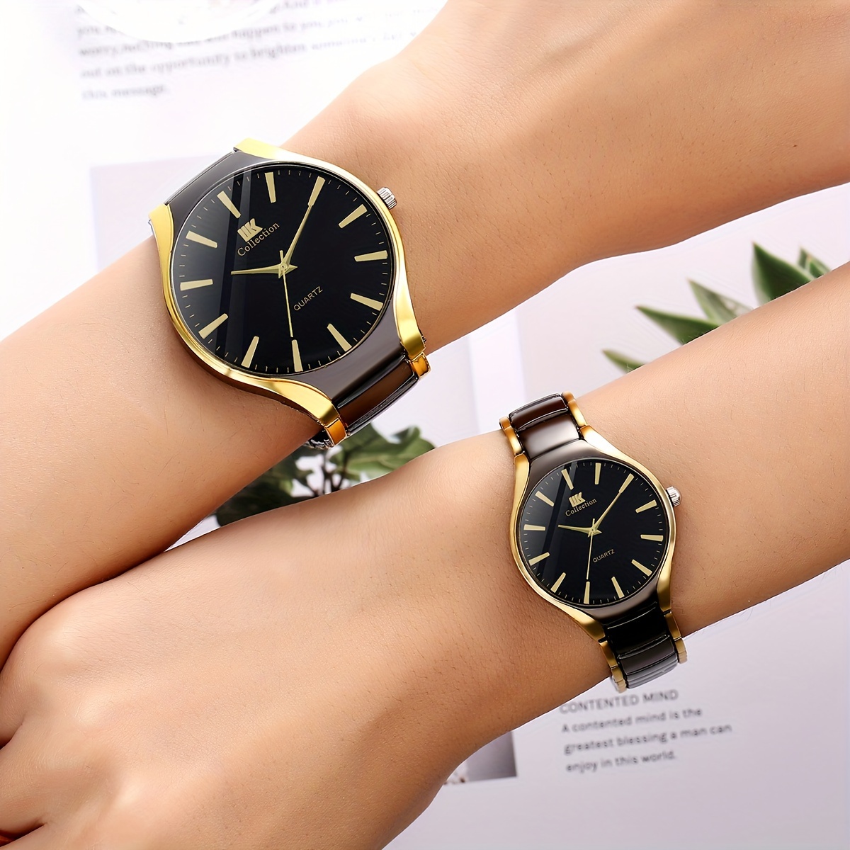 2 pcs round quartz watch zinc alloy strap zinc alloy pointer zinc alloy case black and golden color elegant couples gift for valentines day perfect present for loved one details 2