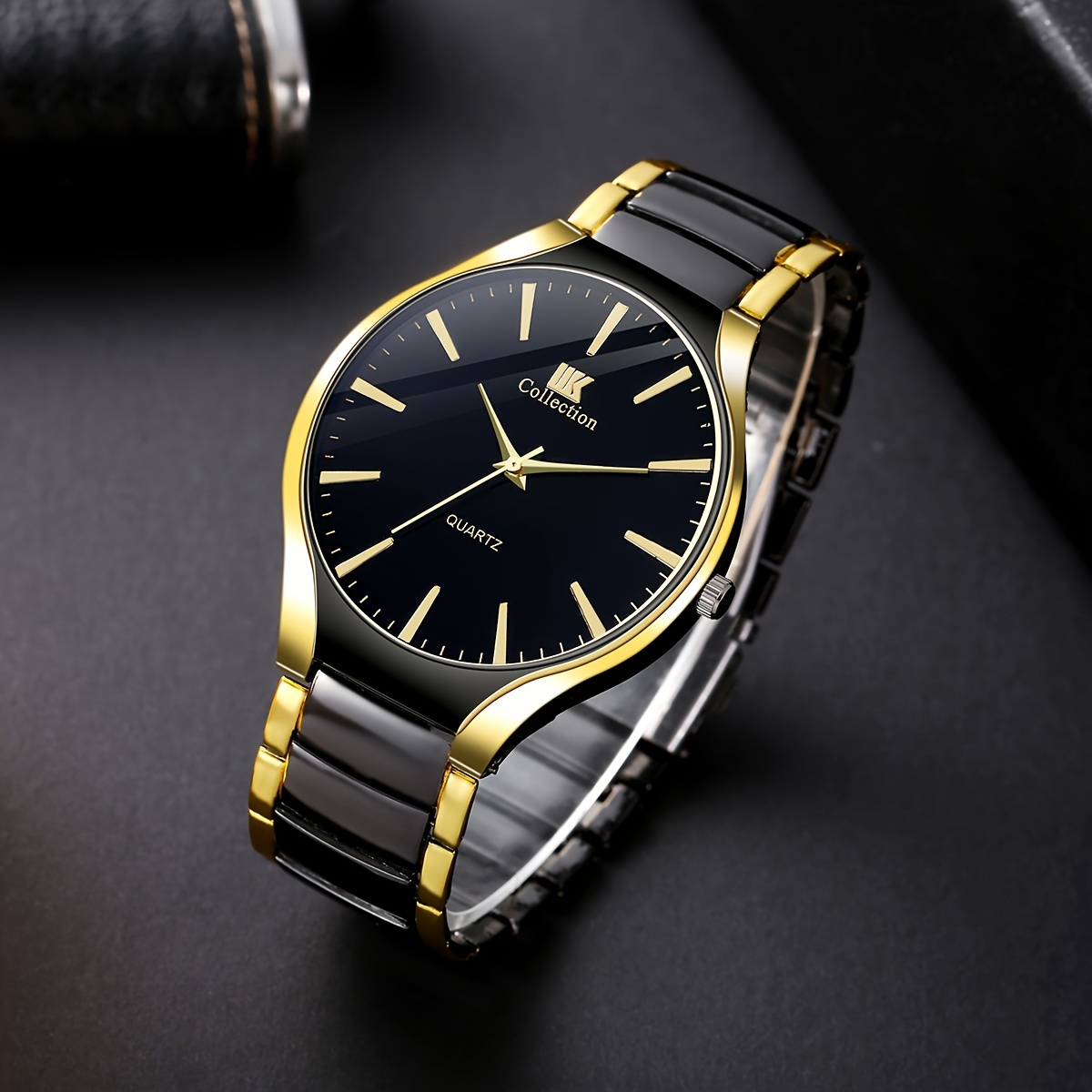 2 pcs round quartz watch zinc alloy strap zinc alloy pointer zinc alloy case black and golden color elegant couples gift for valentines day perfect present for loved one details 3