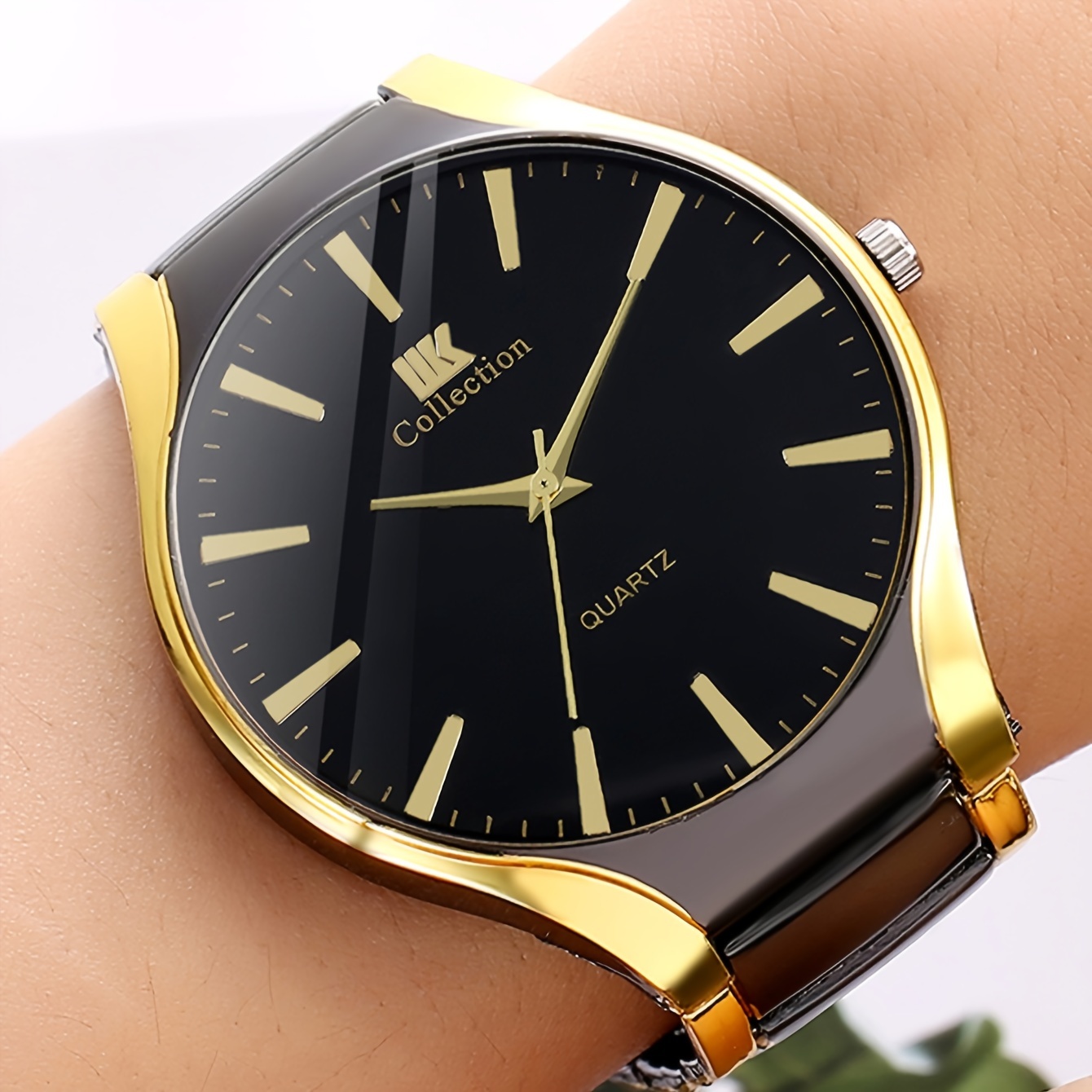 2 pcs round quartz watch zinc alloy strap zinc alloy pointer zinc alloy case black and golden color elegant couples gift for valentines day perfect present for loved one details 4