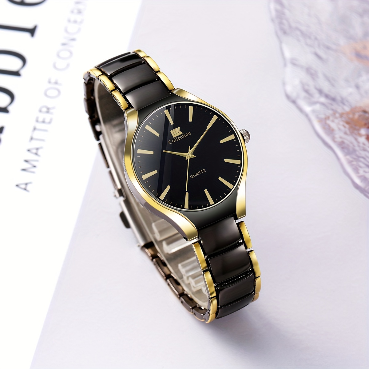 2 pcs round quartz watch zinc alloy strap zinc alloy pointer zinc alloy case black and golden color elegant couples gift for valentines day perfect present for loved one details 5