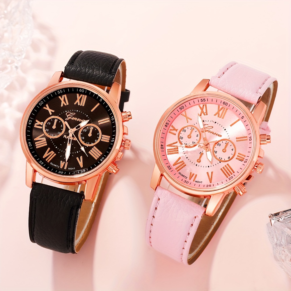 4 pcs round quartz watch pu leather strap zinc alloy pointer zinc alloy case and bracelet for women men details 4