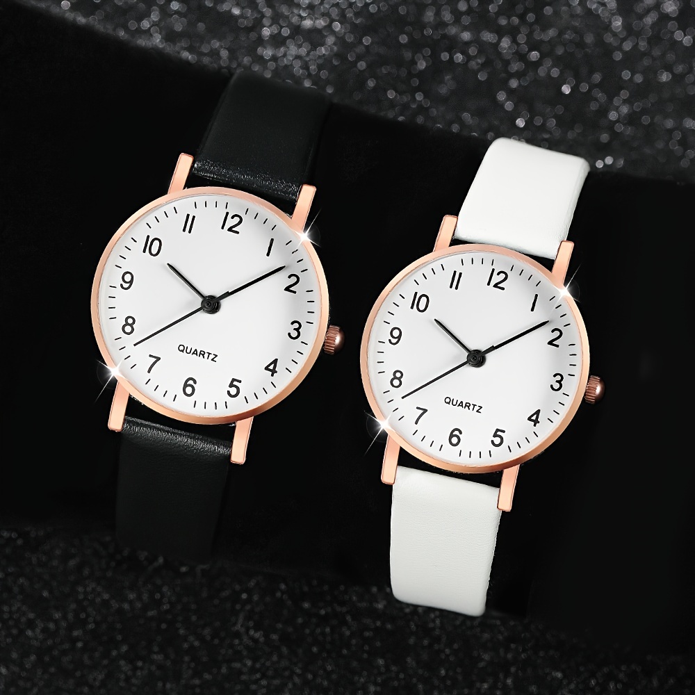 simple style couples watches set of 2 shock resistant   quartz movement round analog display with pu leather band alloy case non rechargeable battery electronic drive quartz wristwatches for couples details 0