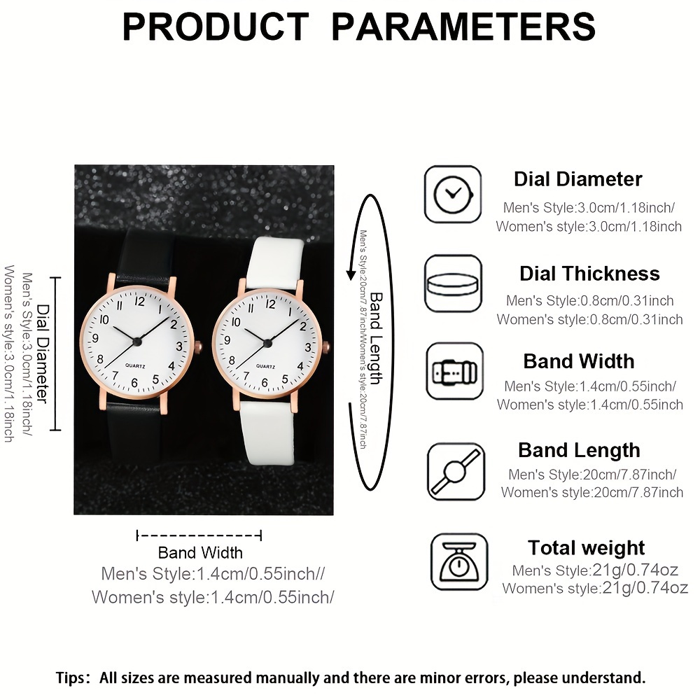 simple style couples watches set of 2 shock resistant   quartz movement round analog display with pu leather band alloy case non rechargeable battery electronic drive quartz wristwatches for couples details 3