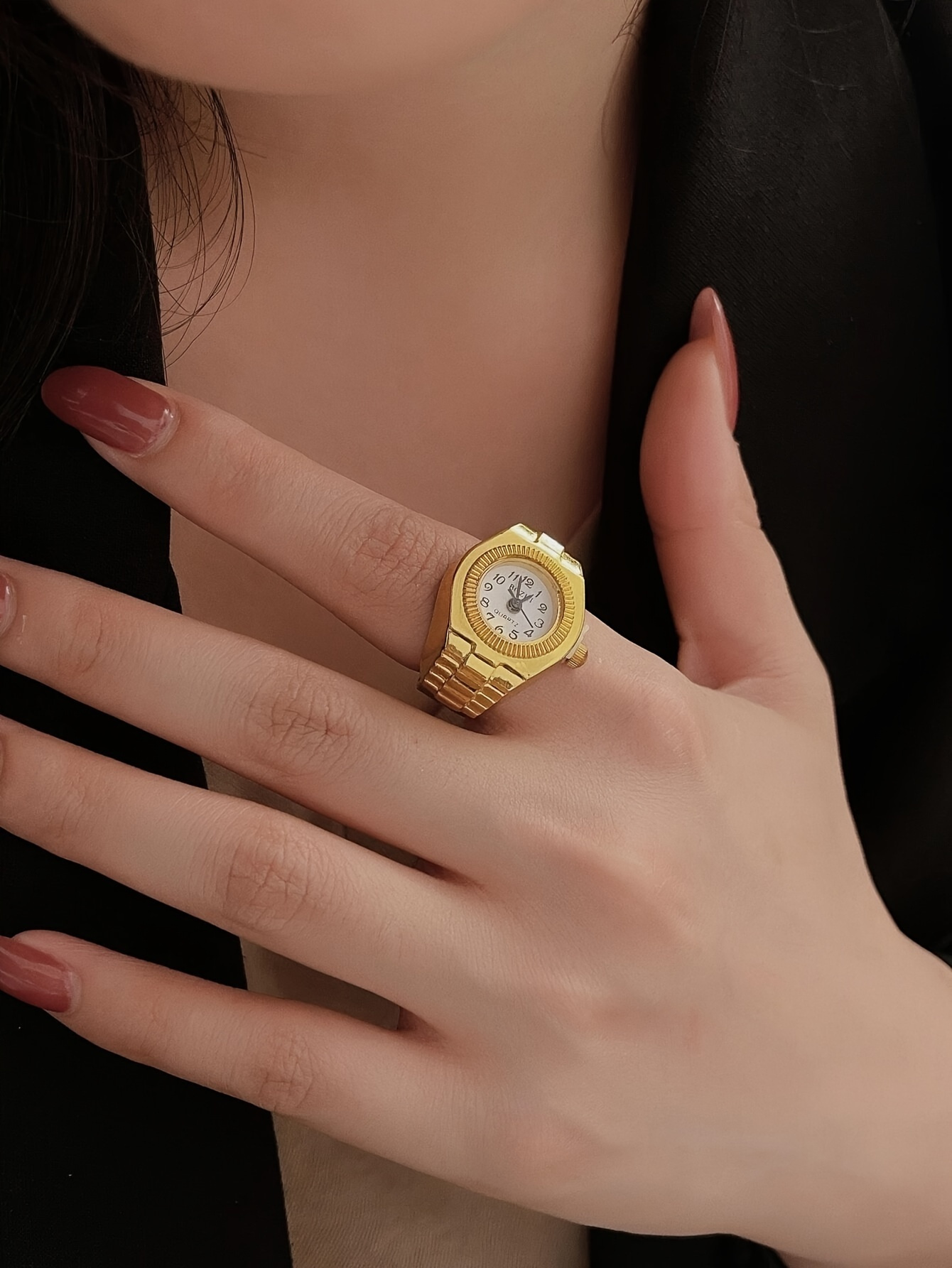 chic golden tone quartz ring watch for women casual style with world time feature alloy band non rechargeable battery details 0