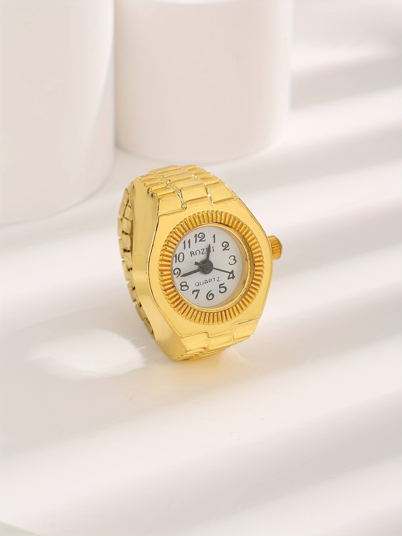 chic golden tone quartz ring watch for women casual style with world time feature alloy band non rechargeable battery details 2