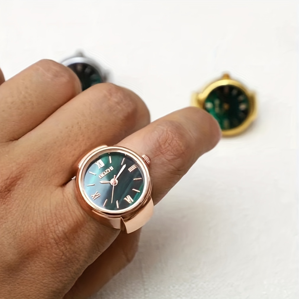 women men finger watches golden silvery plated watch rings vintage mini quartz green dial ring watches for men women details 1