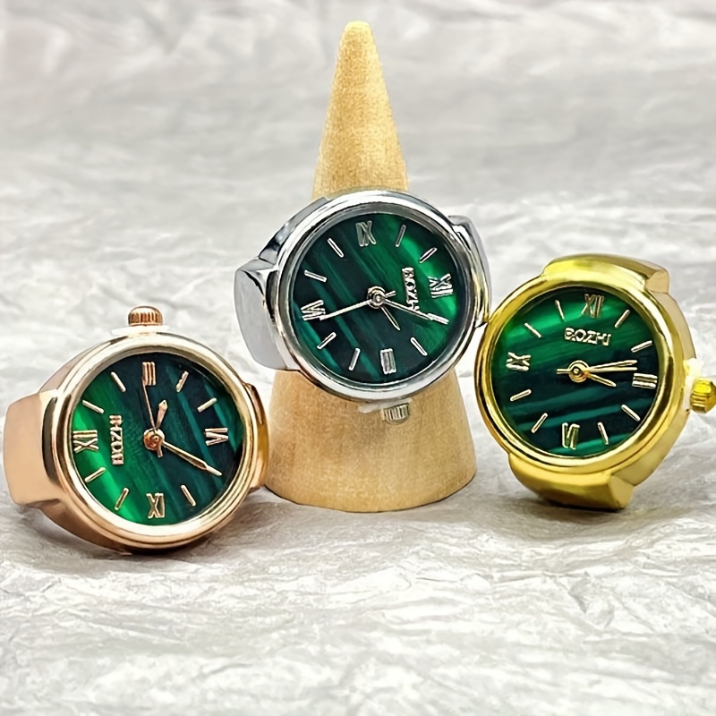 women men finger watches golden silvery plated watch rings vintage mini quartz green dial ring watches for men women details 2